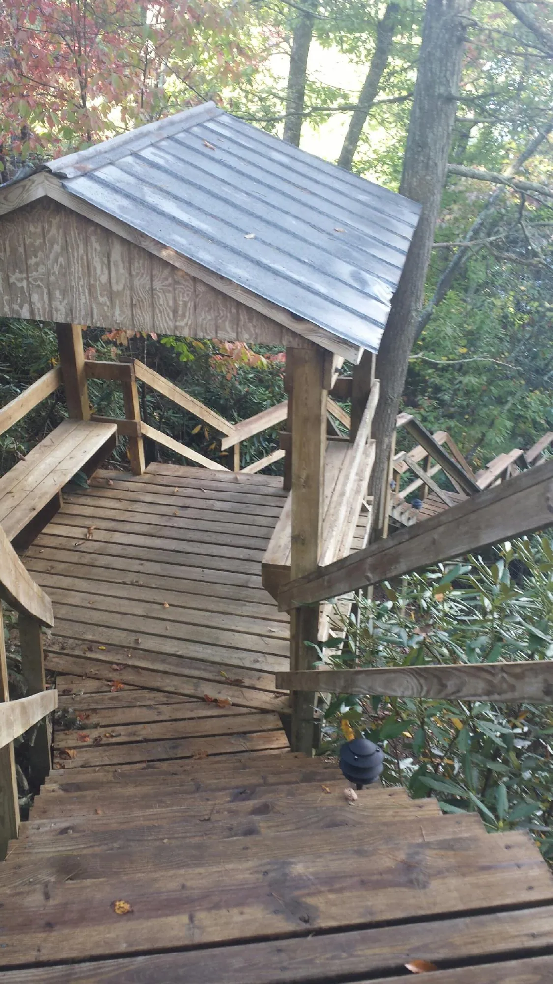 Metal roofed shelter over wooden steps on a wooded walkway — Skylight Repair & Installation work by our crew in Sunfield